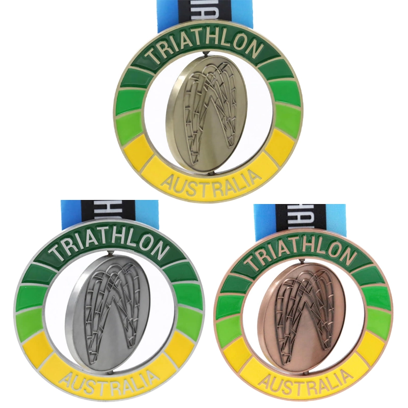 Medalla de triatlón giratoria personalizada de fábrica de medallas
